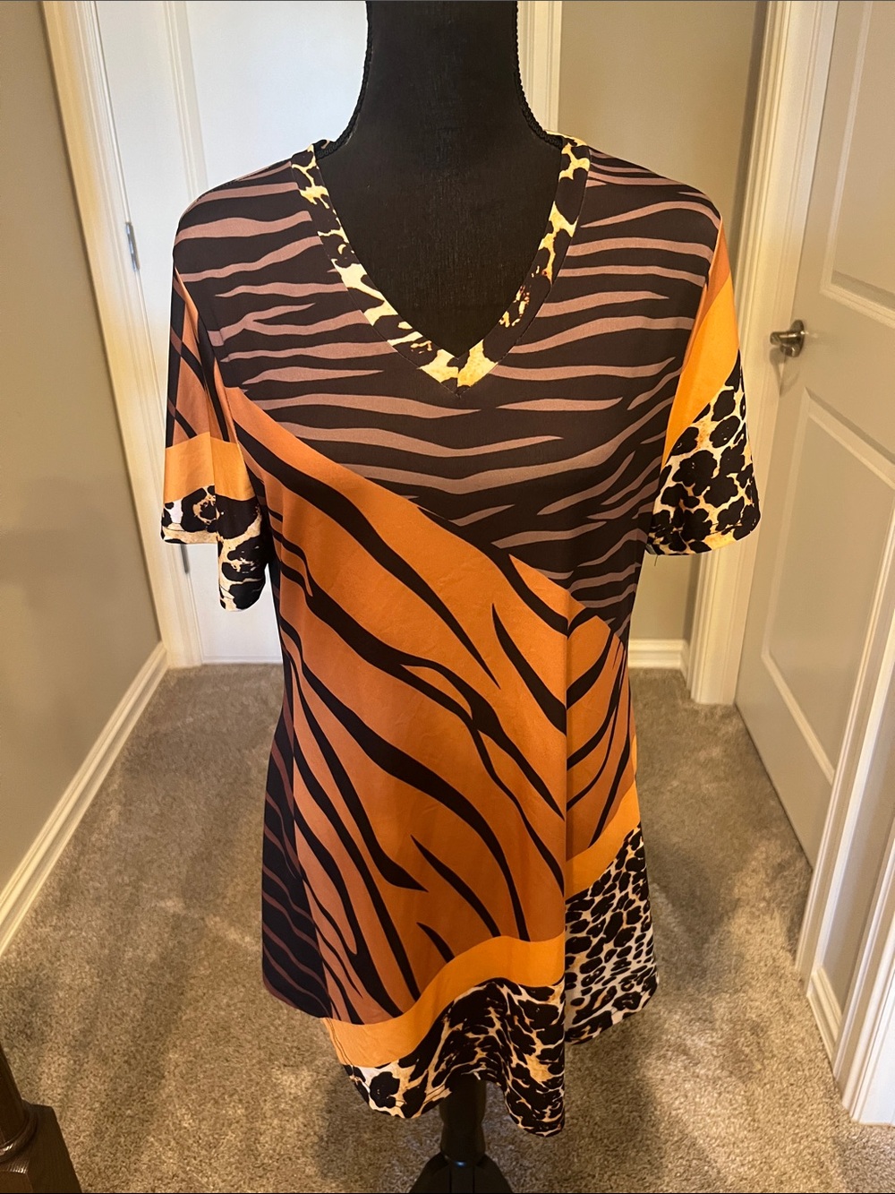 V-Neck Orange and Black Mixed-Print Tunic